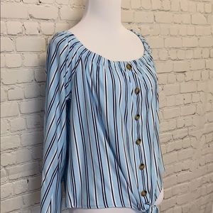 Tops - Light Blue 3/4 Sleeve Soft Blouse with Buttons Tops - Light Blue 3/4 Sleeve Soft Blouse with Buttons
